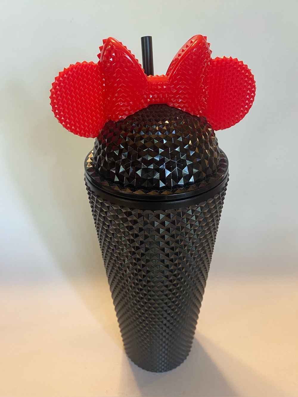 Minnie Mouse Style Black Studded Tumbler 20oz with Red Bow Ears Lid & Straw NEW